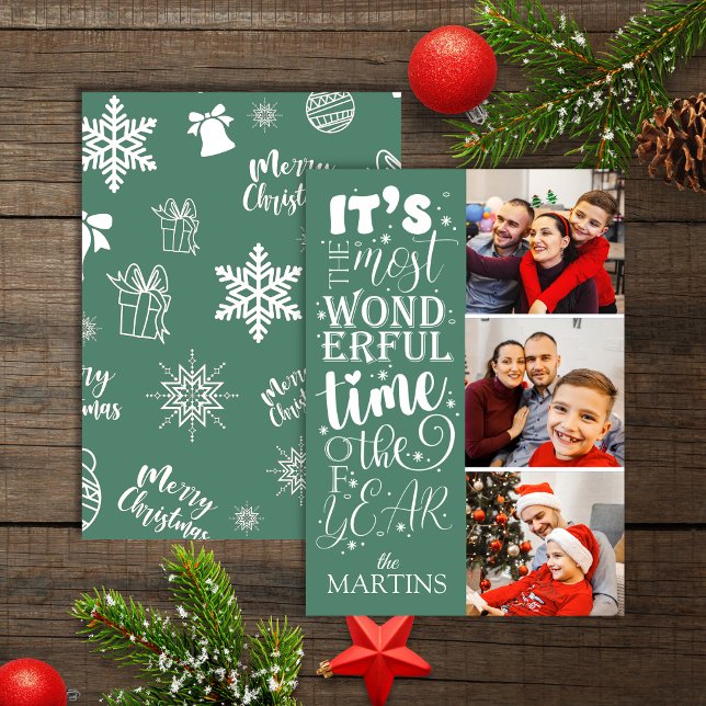 Festive Cheerful Teal Christmas 3 Photo Holiday Card (Creator Uploaded)