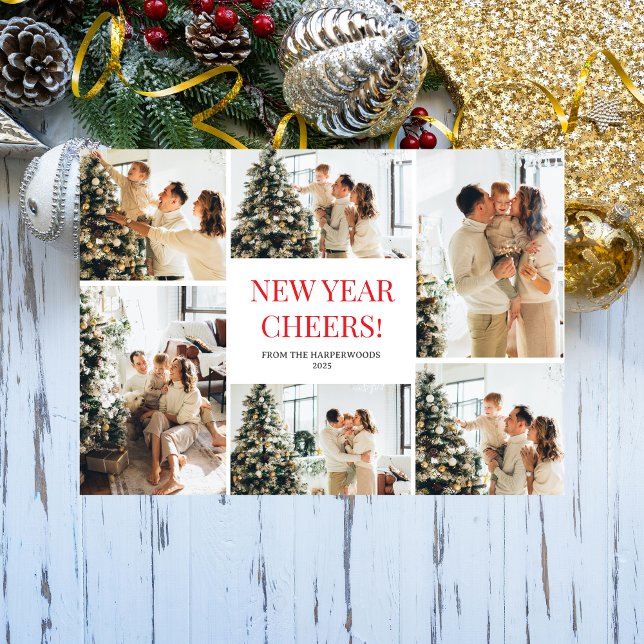 Festive Cheers | Elegant Happy New Year 6 Photo Holiday Card (Creator Uploaded)