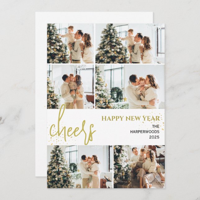 Festive Cheers | Elegant New Year Photo Collage Holiday Card (Front/Back)
