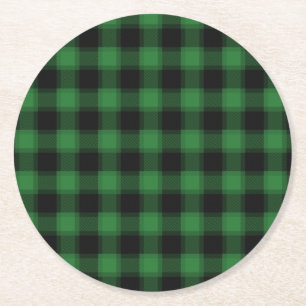 Festive Chequered Green & Black Plaid Pattern Round Paper Coaster