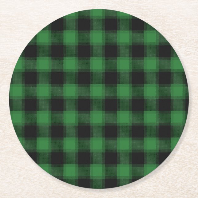 Festive Chequered Green & Black Plaid Pattern Round Paper Coaster (Front)