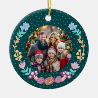 Festive Cheshire Cat Floral Wreath Green Christmas Ceramic Ornament