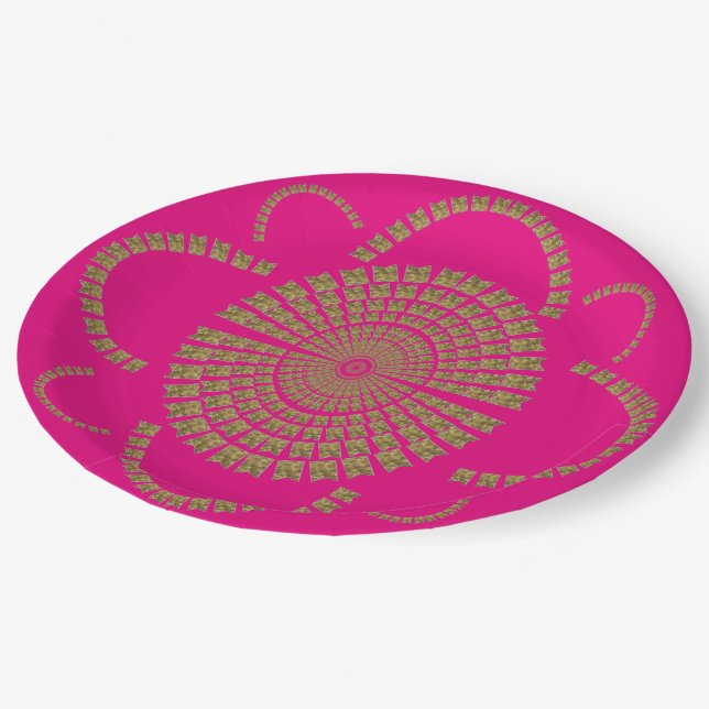Festive Chic Gold Hot Pink Party Decorative Flower Paper Plate (Angled)