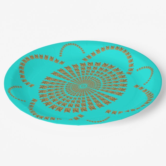 Festive Chic Gold Turquoise Decorative Flower Paper Plate (Angled)