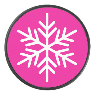 Festive Chic White Nordic Snowflake On Bright Pink Hockey Puck