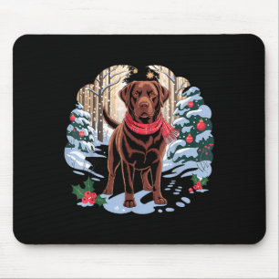 Festive Chocolate Lab In Snowy Forest Winter Xmas Mouse Pad