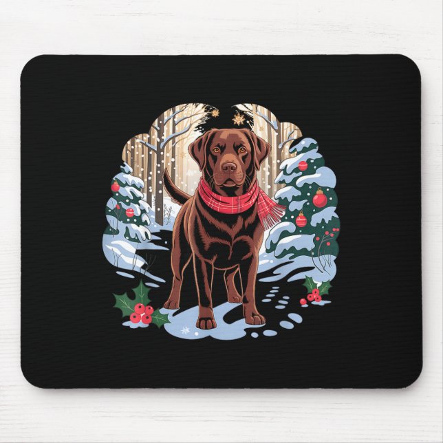 Festive Chocolate Lab In Snowy Forest Winter Xmas  Mouse Pad (Front)
