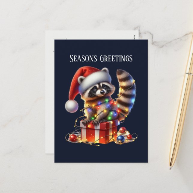 Festive Christmas add message racoon Holiday Postcard (Front/Back In Situ)