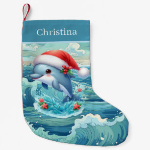 Festive Christmas add name beach dolphin  Small Christmas Stocking