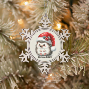 Festive Christmas add name date hedgehog Snowflake Pewter Christmas Ornament