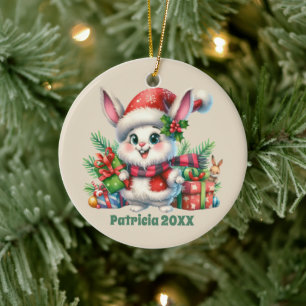 Festive Christmas add name date message Bunny  Ceramic Ornament