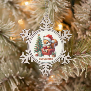 Festive Christmas add name date squirrel Snowflake Pewter Christmas Ornament