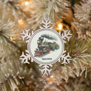 Festive Christmas add name date train Snowflake Pewter Christmas Ornament
