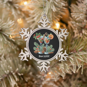 Festive Christmas add name year Cocktail Snowflake Pewter Christmas Ornament