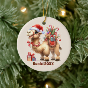 Festive Christmas add name year message Camel Ceramic Ornament