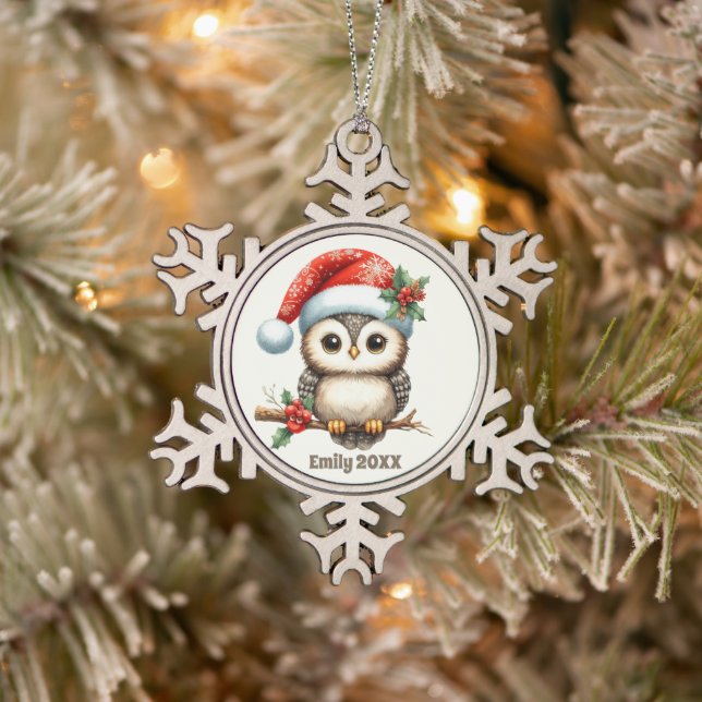 Festive Christmas add name year owl Snowflake Pewter Christmas Ornament (Tree)