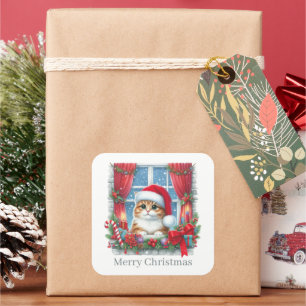 Festive Christmas add text cat Square Sticker