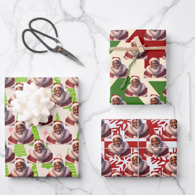 Festive Christmas African American Black Santa Wrapping Paper Sheet (Front)