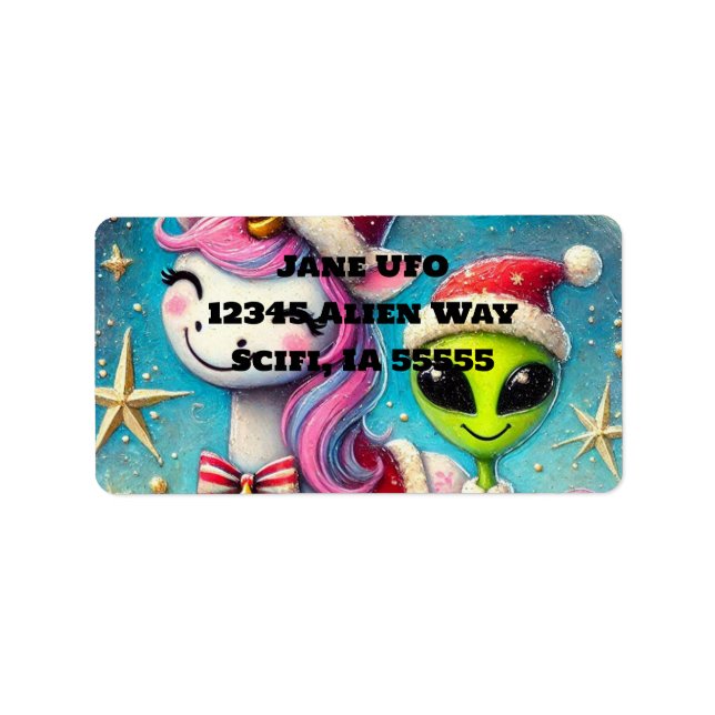 Festive Christmas Alien and Unicorn Label (Front)