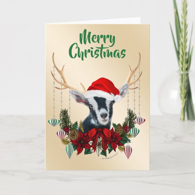 Festive Christmas Alpine Goat Kid Card (Front)