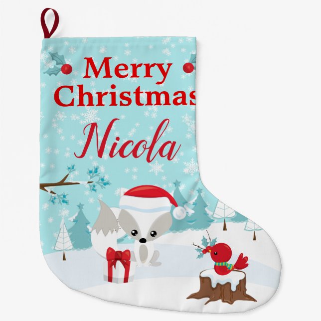 Festive Christmas Arctic Fox & Winter Scene Large Christmas Stocking (Front)