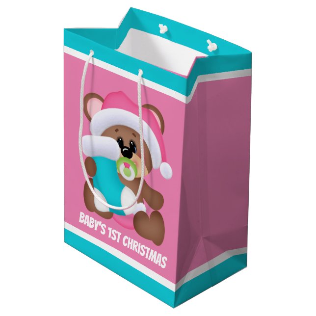 Festive Christmas baby girl bear first party Medium Gift Bag (Back Angled)