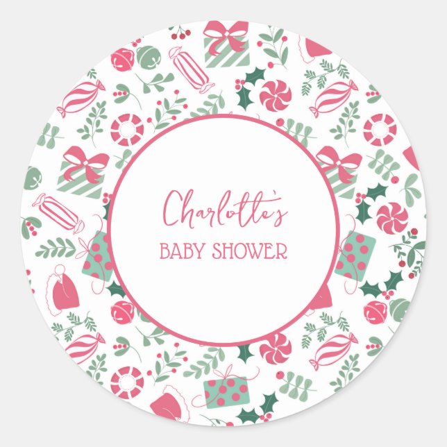 Festive Christmas Baby Shower Classic Round Sticker (Front)