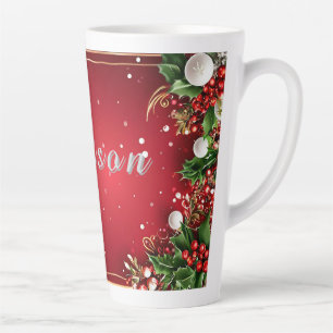 Festive Christmas Background with Holly, Berries Latte Mug