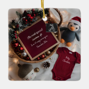 Festive Christmas basket pregnancy announcement  Ceramic Ornament
