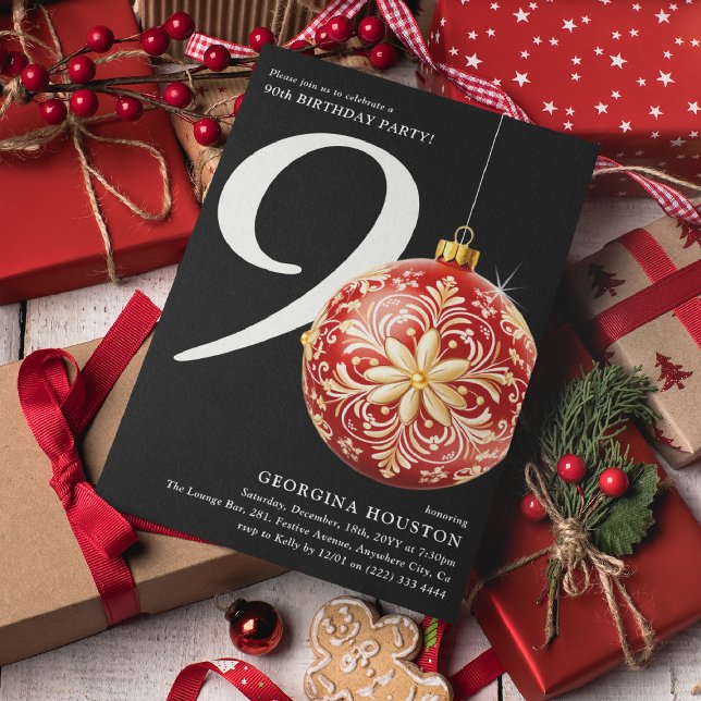 Festive Christmas Bauble 90th Birthday Party Invitation (Creator Uploaded)