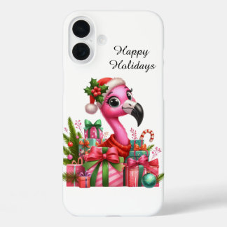 Festive Christmas beach customisable pink flamingo iPhone 16 Plus Case