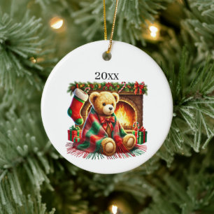 Festive Christmas bear add date & message Ceramic Ornament