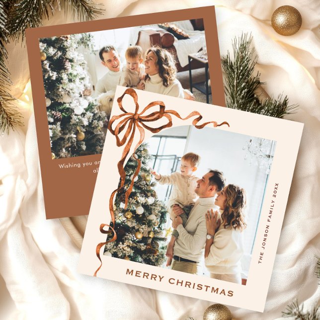 Festive Christmas Beige Boho Bow Ribbon 2 Photo Holiday Card (Creator Uploaded)