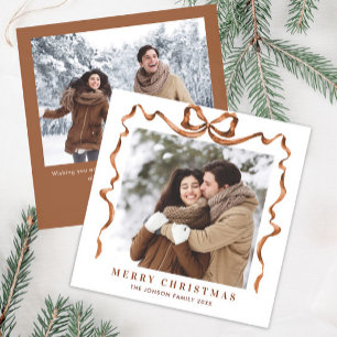 Festive Christmas Beige Boho Bow Ribbon 2 Photo Holiday Card
