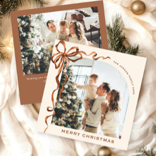 Festive Christmas Beige Boho Bow Ribbon 2 Photo Holiday Card