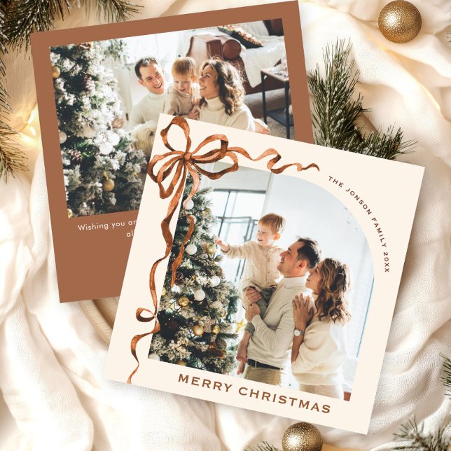 Festive Christmas Beige Boho Bow Ribbon 2 Photo Holiday Card (Creator Uploaded)