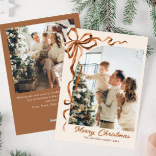 Festive Christmas Beige Boho Bow Ribbon 2 Photo Holiday Card