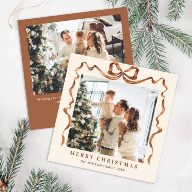 Festive Christmas Beige Boho Bow Ribbon 2 Photo Holiday Card (Creator Uploaded)