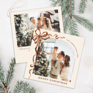 Festive Christmas Beige Boho Bow Ribbon 2 Photo Holiday Card