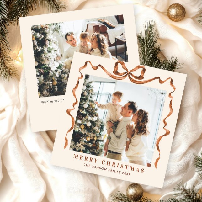 Festive Christmas Beige Boho Bow Ribbon 2 Photo Holiday Card (Creator Uploaded)