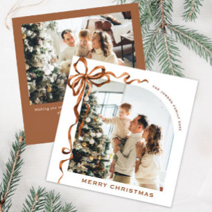 Festive Christmas Beige Boho Bow Ribbon 2 Photo Holiday Card