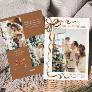 Festive Christmas Beige Boho Bow Ribbon 3 Photo Holiday Card