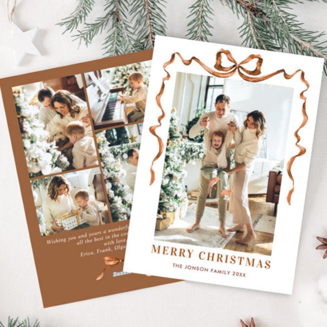 Festive Christmas Beige Boho Bow Ribbon 5 Photo Holiday Card (Creator Uploaded)