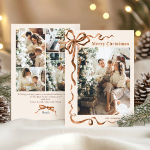 Festive Christmas Beige Boho Bow Ribbon 5 Photo Holiday Card