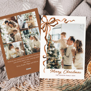 Festive Christmas Beige Boho Bow Ribbon 5 Photo Holiday Card