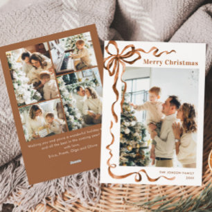 Festive Christmas Beige Boho Bow Ribbon 5 Photo Holiday Card