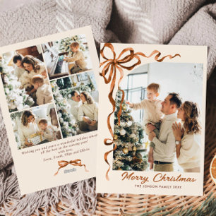 Festive Christmas Beige Boho Bow Ribbon 5 Photo Holiday Card