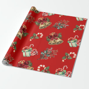 Festive Christmas Bells and Gifts Pattern Wrapping Paper