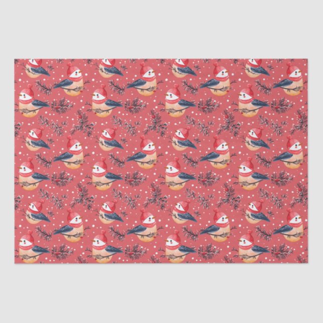 Festive Christmas Birds and Foliage Pattern Tissue Paper (Front)
