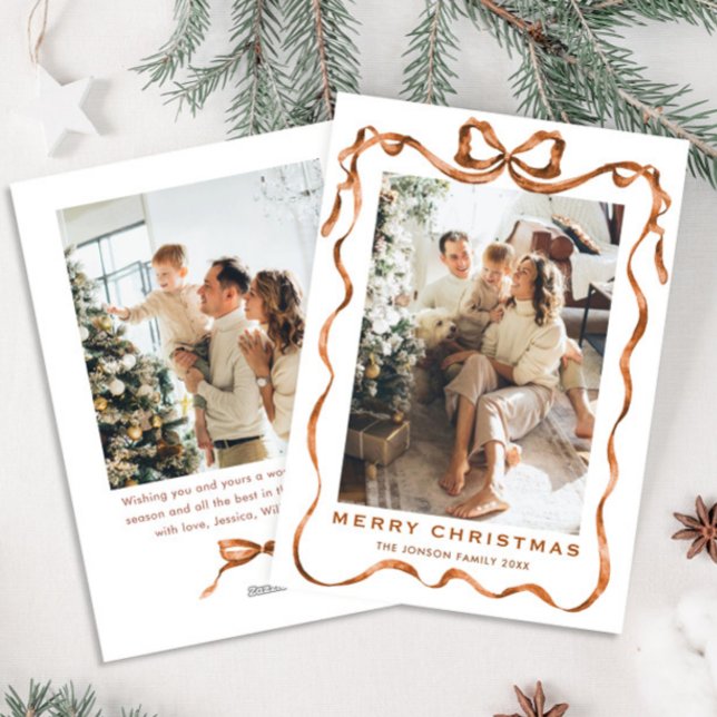 Festive Christmas Boho Beige Bow Ribbon 2 Photo Holiday Card (Creator Uploaded)